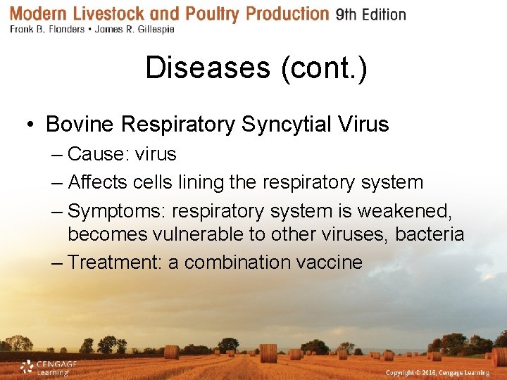 Diseases (cont. ) • Bovine Respiratory Syncytial Virus – Cause: virus – Affects cells
