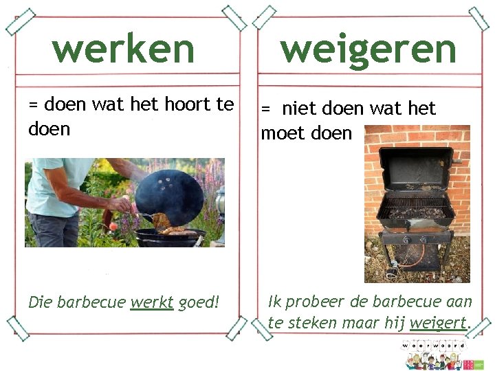 werken = doen wat het hoort te doen Die barbecue werkt goed! weigeren =