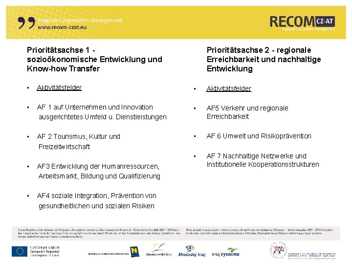 Prioritätsachse 1 sozioökonomische Entwicklung und Know-how Transfer Prioritätsachse 2 - regionale Erreichbarkeit und nachhaltige