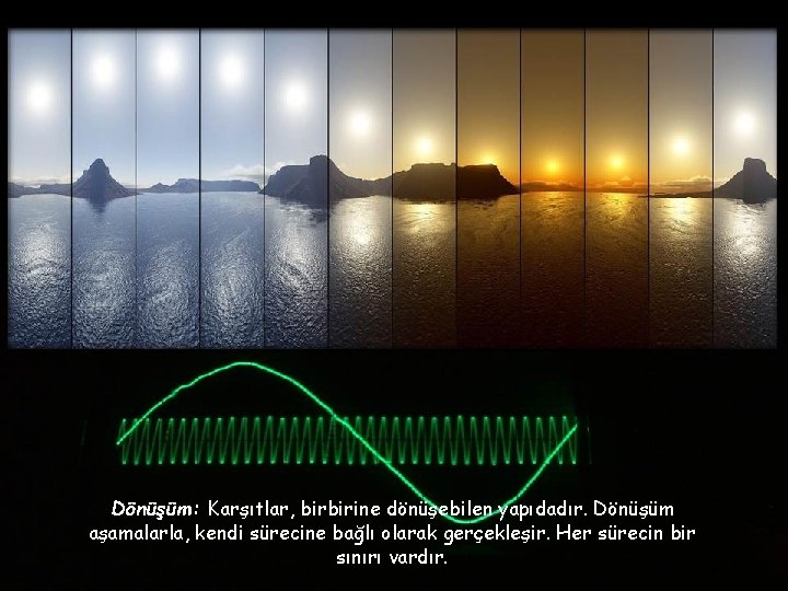 Dönüşüm: Karşıtlar, birbirine dönüşebilen yapıdadır. Dönüşüm aşamalarla, kendi sürecine bağlı olarak gerçekleşir. Her sürecin