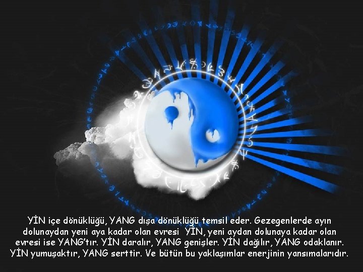 YİN içe dönüklüğü, YANG dışa dönüklüğü temsil eder. Gezegenlerde ayın dolunaydan yeni aya kadar