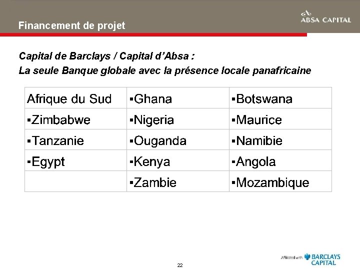 Financement de projet Capital de Barclays / Capital d’Absa : La seule Banque globale