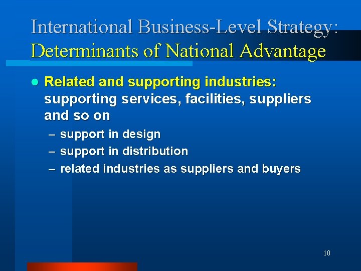 International Business-Level Strategy: Determinants of National Advantage l Related and supporting industries: supporting services,