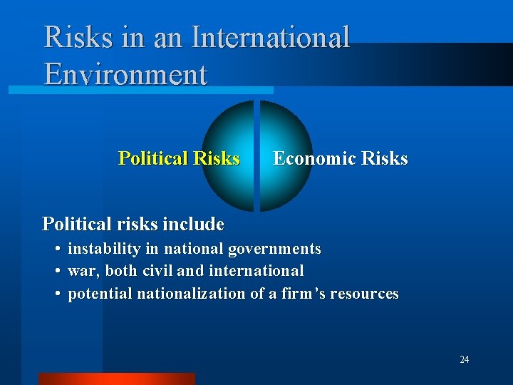 Risks in an International Environment Political Risks Economic Risks Political risks include • •