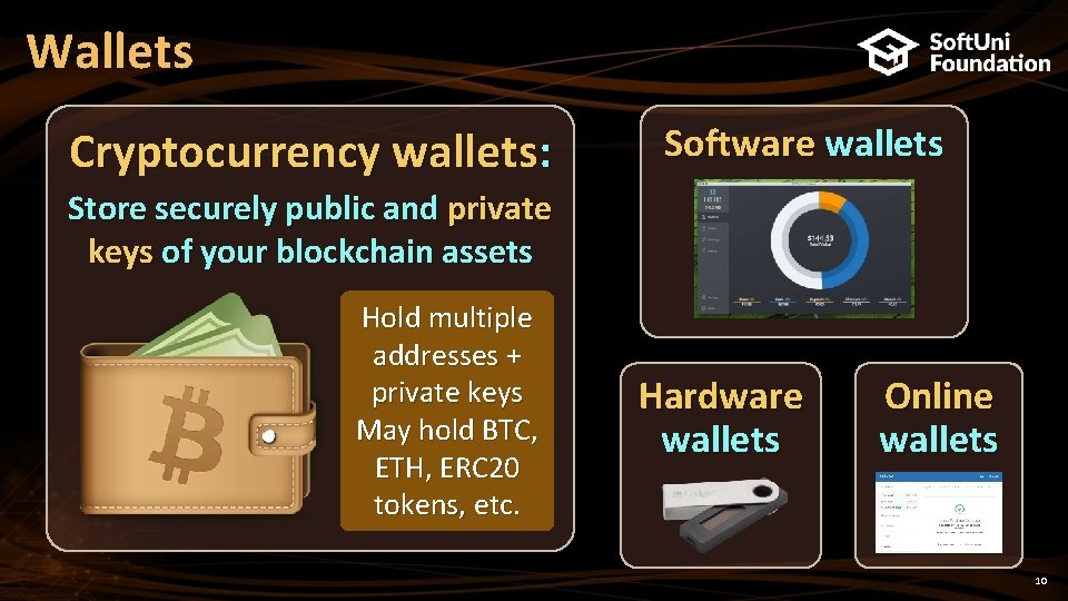 Wallets Cryptocurrency wallets: Software wallets Store securely public and private keys of your blockchain