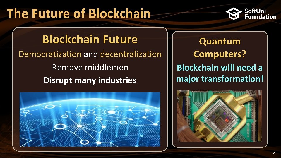 The Future of Blockchain Future Democratization and decentralization Remove middlemen Disrupt many industries Quantum