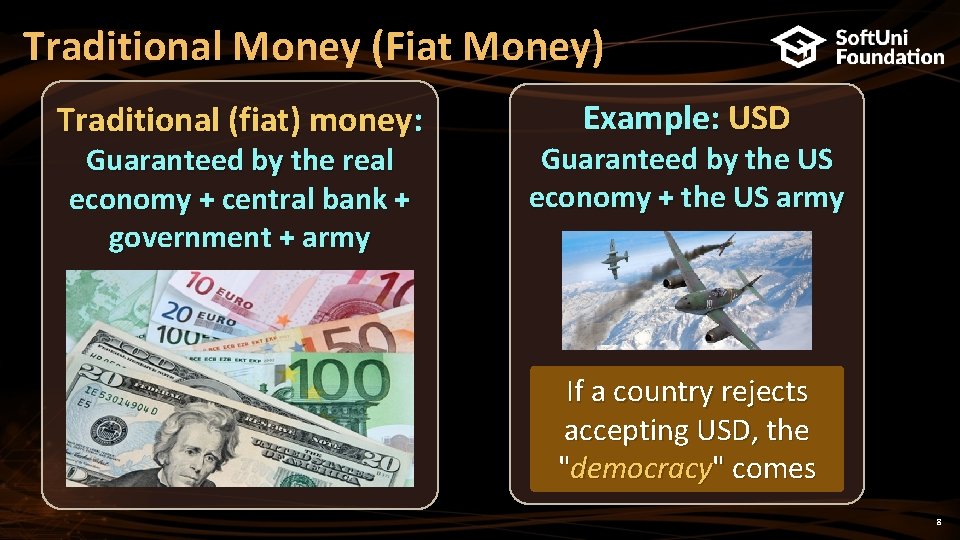 Traditional Money (Fiat Money) Traditional (fiat) money: Guaranteed by the real economy + central