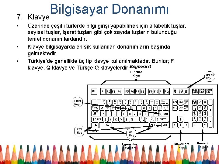 7. • • • Bilgisayar Donanımı Klavye Üzerinde çeşitli türlerde bilgi girişi yapabilmek için