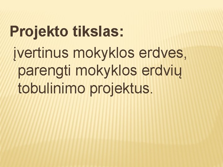 Projekto tikslas: įvertinus mokyklos erdves, parengti mokyklos erdvių tobulinimo projektus. 