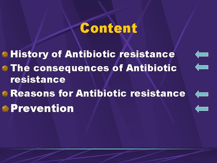 Content History of Antibiotic resistance The consequences of Antibiotic resistance Reasons for Antibiotic resistance