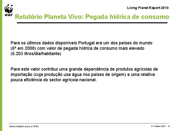 Living Planet Report 2010 Relatório Planeta Vivo: Pegada hídrica de consumo Para os últimos