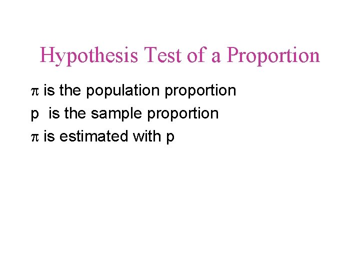 Hypothesis Test of a Proportion p is the population proportion p is the sample