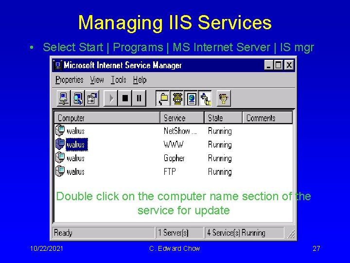 Managing IIS Services • Select Start | Programs | MS Internet Server | IS Managing IIS Services • Select Start | Programs | MS Internet Server | IS