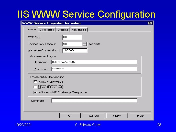 IIS WWW Service Configuration 10/22/2021 C. Edward Chow 28 IIS WWW Service Configuration 10/22/2021 C. Edward Chow 28