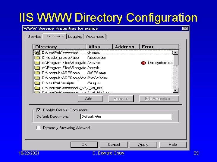 IIS WWW Directory Configuration 10/22/2021 C. Edward Chow 29 IIS WWW Directory Configuration 10/22/2021 C. Edward Chow 29