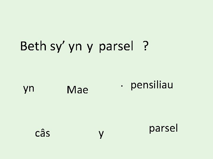 Beth sy’ yn y parsel ? yn . pensiliau Mae câs y parsel 