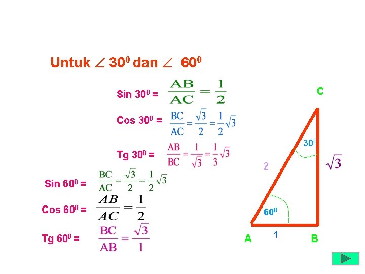 SUDUT ISTIMEWA Untuk 300 dan 600 C Sin 300 = Cos 300 = 300