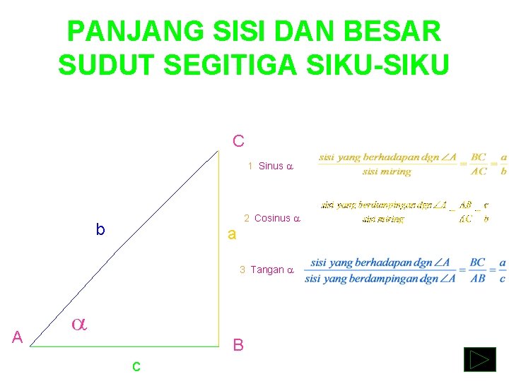 PANJANG SISI DAN BESAR SUDUT SEGITIGA SIKU-SIKU C 1. Sinus = 2. Cosinus =