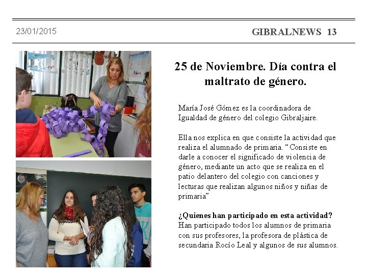 23/01/2015 GIBRALNEWS 13 25 de Noviembre. Día contra el maltrato de género. María José