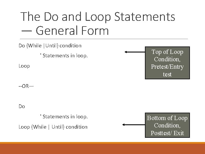 The Do and Loop Statements — General Form Do {While |Until} condition ' Statements
