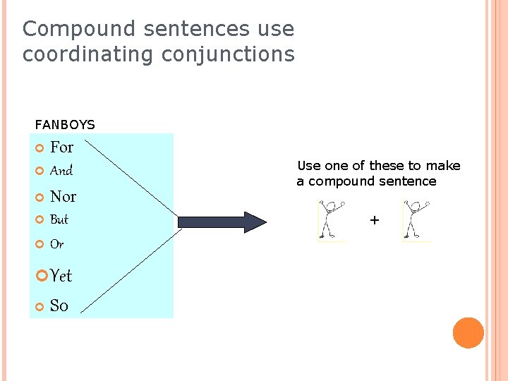 Compound sentences use coordinating conjunctions FANBOYS For And Nor But Or Use one of