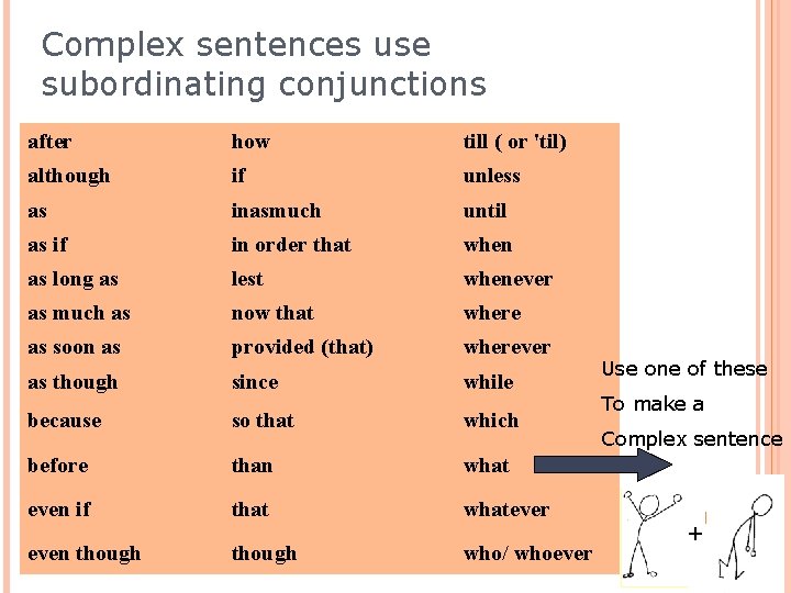 Complex sentences use subordinating conjunctions after how till ( or 'til) although if unless