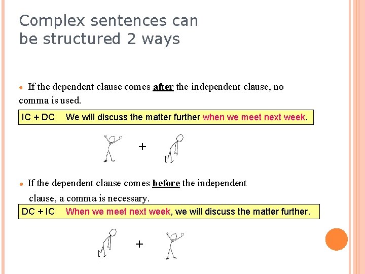 Complex sentences can be structured 2 ways If the dependent clause comes after the