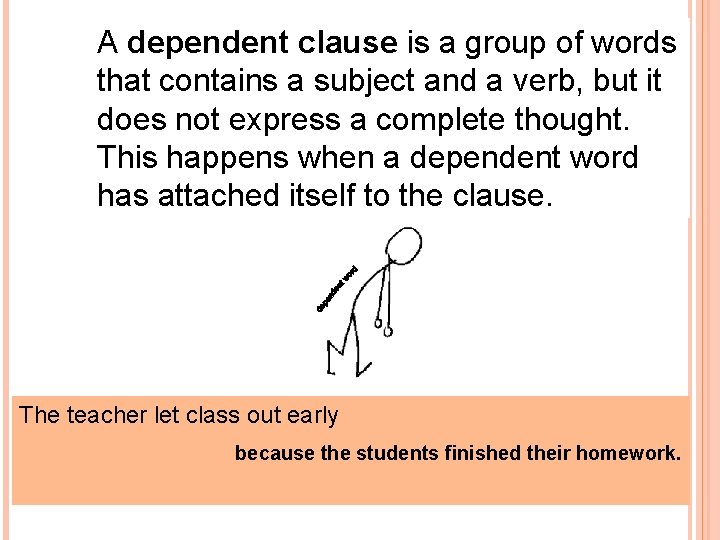 A dependent clause is a group of words that contains a subject and a
