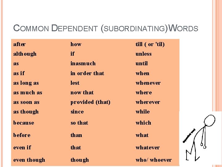 COMMON DEPENDENT (SUBORDINATING)WORDS after how till ( or 'til) although if unless as inasmuch