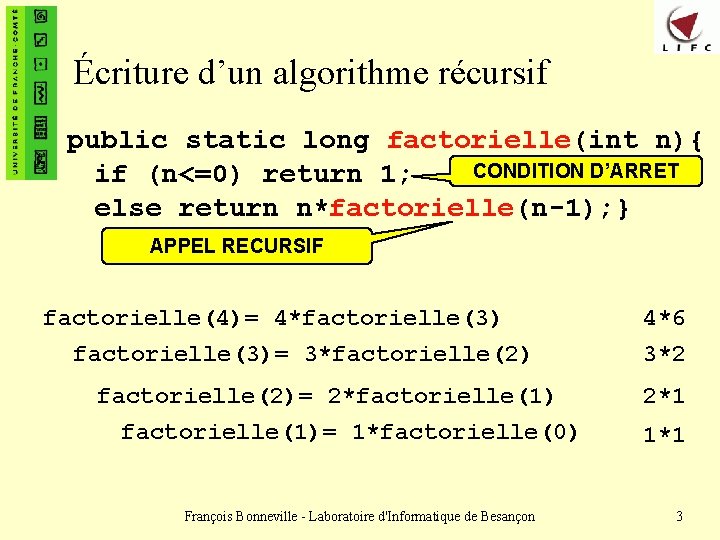 Écriture d’un algorithme récursif public static long factorielle(int n){ CONDITION D’ARRET if (n<=0) return
