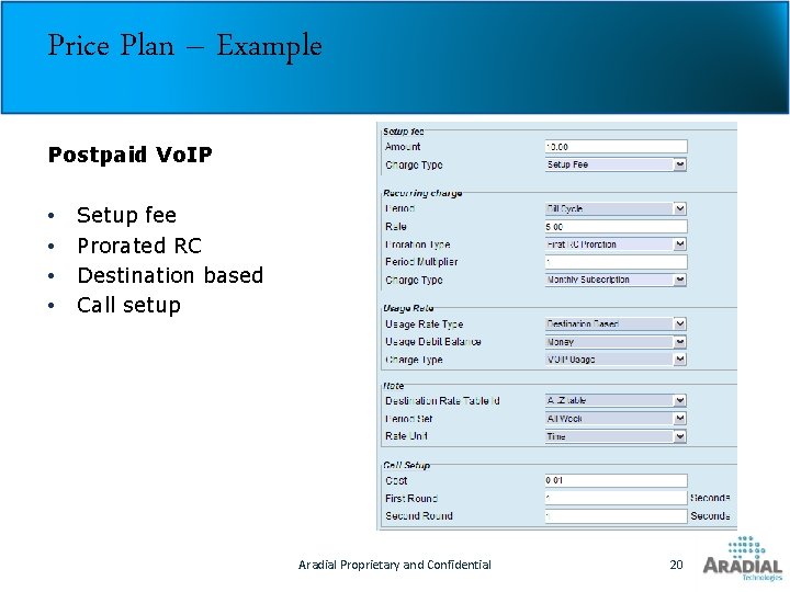 Price Plan – Example Postpaid Vo. IP • • Setup fee Prorated RC Destination