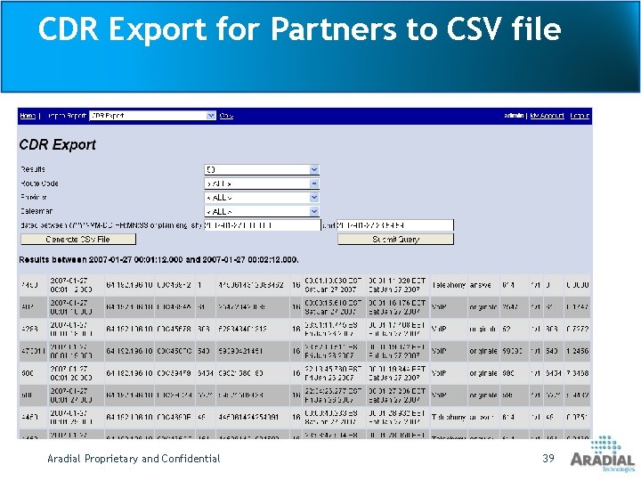 CDR Export for Partners to CSV file Aradial Proprietary and Confidential 39 