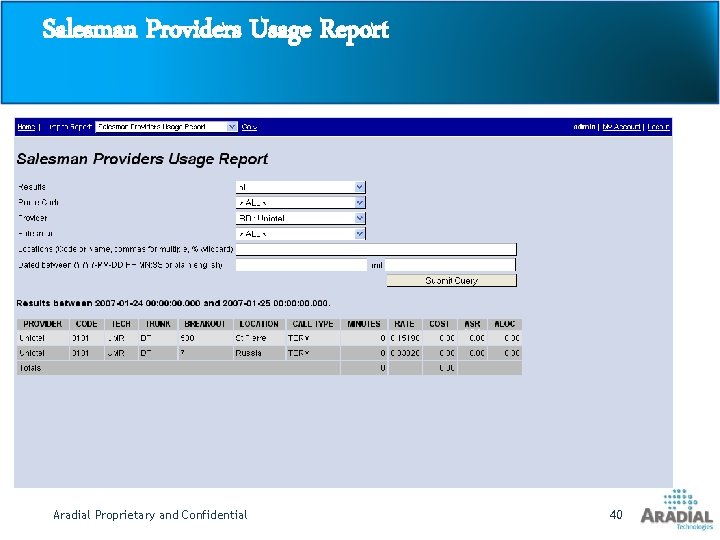 Salesman Providers Usage Report Aradial Proprietary and Confidential 40 