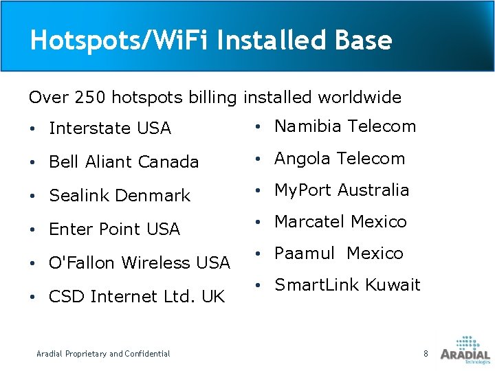 Hotspots/Wi. Fi Installed Base Over 250 hotspots billing installed worldwide • Interstate USA •