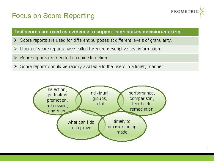 Focus on Score Reporting Test scores are used as evidence to support high stakes