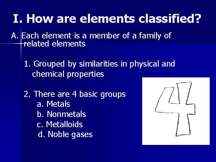 I. How are elements classified? A. Each element is a member of a family