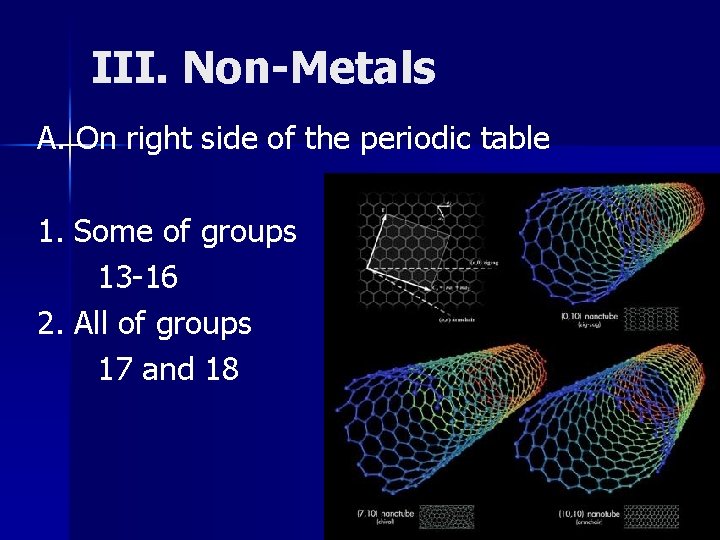 III. Non-Metals A. On right side of the periodic table 1. Some of groups