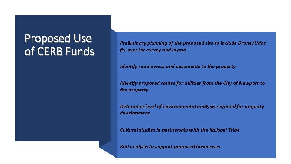 Proposed Use of CERB Funds Preliminary planning of the proposed site to include Drone/Lidar