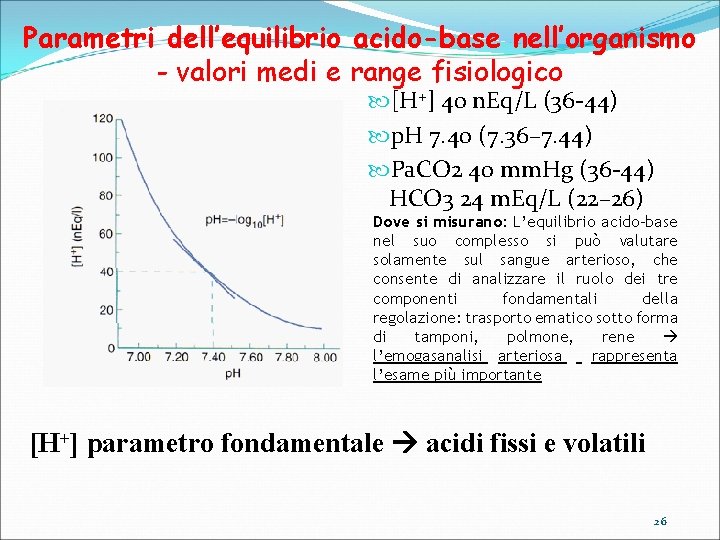 Parametri dell’equilibrio acido-base nell’organismo - valori medi e range fisiologico [H+] 40 n. Eq/L