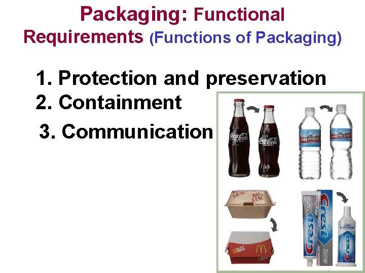 Packaging: Functional Requirements (Functions of Packaging) 1. Protection and preservation 2. Containment 3. Communication