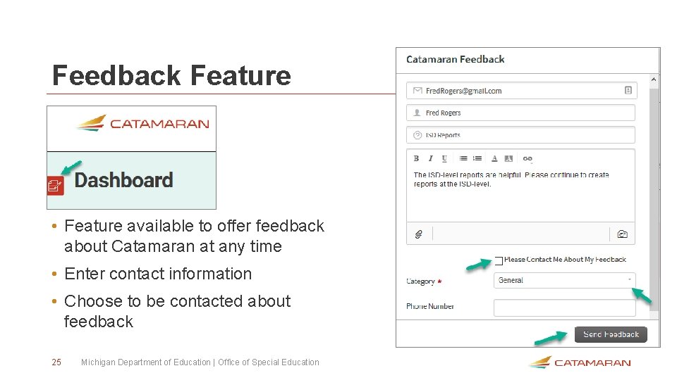 Feedback Feature • Feature available to offer feedback about Catamaran at any time •