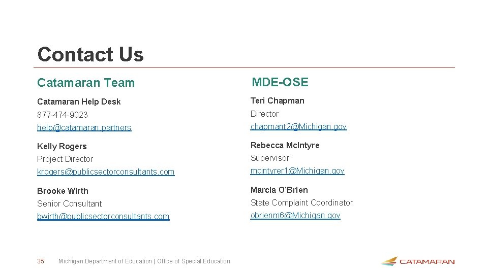 Contact Us Catamaran Team MDE-OSE Catamaran Help Desk Teri Chapman 877 -474 -9023 Director