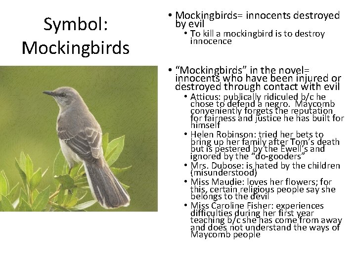 Symbol: Mockingbirds • Mockingbirds= innocents destroyed by evil • To kill a mockingbird is