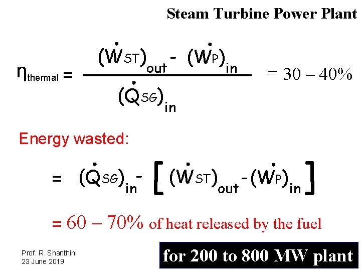 Steam Turbine Power Plant ηthermal = (WST) out (QSG) - (WP) in = 30