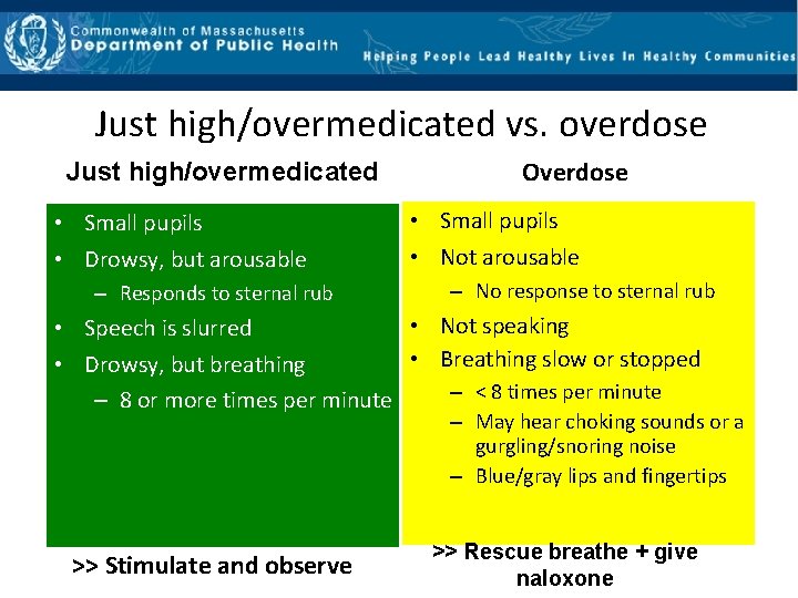 Just high/overmedicated vs. overdose Just high/overmedicated • Small pupils • Drowsy, but arousable –