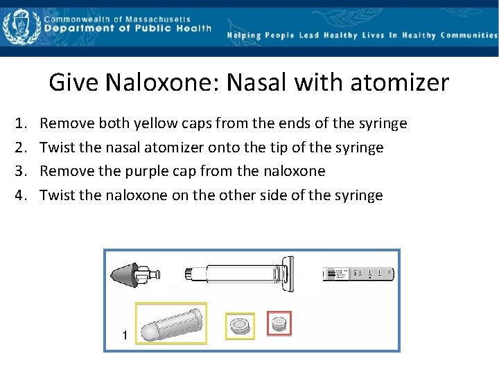 Give Naloxone: Nasal with atomizer 1. 2. 3. 4. Remove both yellow caps from
