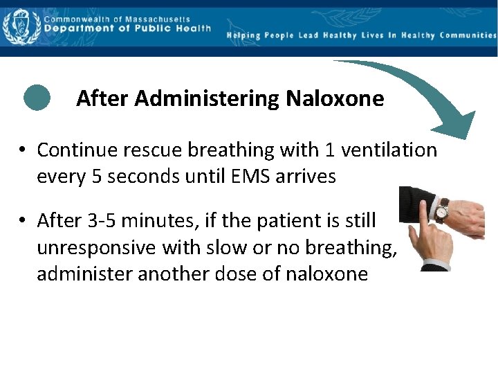 After Administering Naloxone • Continue rescue breathing with 1 ventilation every 5 seconds until