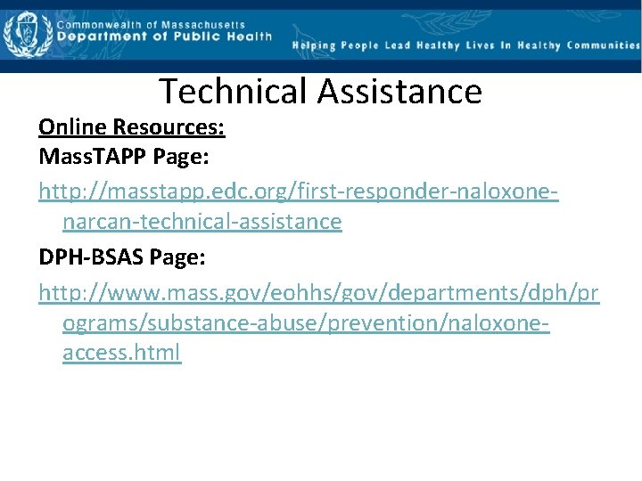 Technical Assistance Online Resources: Mass. TAPP Page: http: //masstapp. edc. org/first‐responder‐naloxone‐ narcan‐technical‐assistance DPH-BSAS Page: