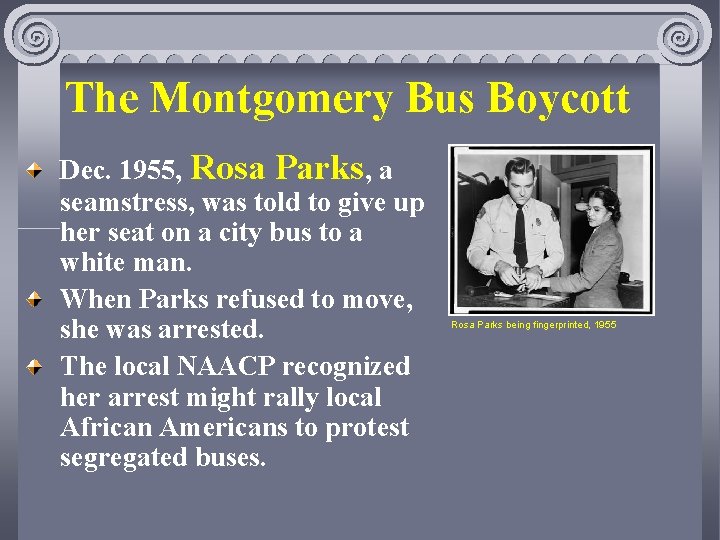 The Montgomery Bus Boycott Dec. 1955, Rosa Parks, a seamstress, was told to give