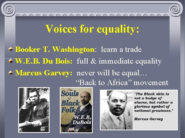 Voices for equality: Booker T. Washington: learn a trade W. E. B. Du Bois: